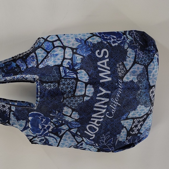 Johnny Was Nylon Reusable Tote Shopping Bag Blue On Blue Flower Print - Picture 3 of 4